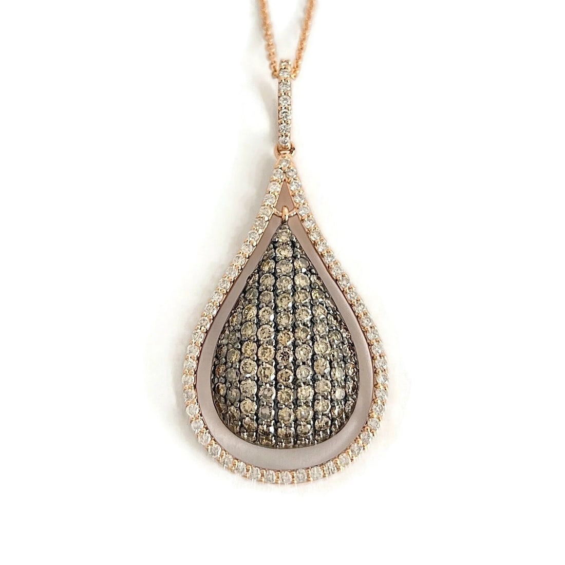 PAVE COGNAC DIAMOND TEARDROP PENDANT NECKLACE: Pave Cognac Diamond Teardrop Pendant Necklace Brand: Unbranded Type: Necklace Material: 14K rose gold, Main Stone/Creation Natural Color: Gold Size: Length: 16 inches Pendant: 1.7 inches x 20 mm