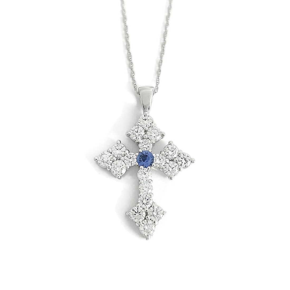 BLUE SAPPHIRE CLUSTER DIAMOND CROSS PENDANT NECKLACE: Blue Sapphire Cluster Diamond Cross Pendant Necklace Brand: Unbranded Type: Necklace Material: 14K white gold, Main Stone/Creation Natural Color: Silver Size: Length: 16.75 inches Pendant: 1.25 in