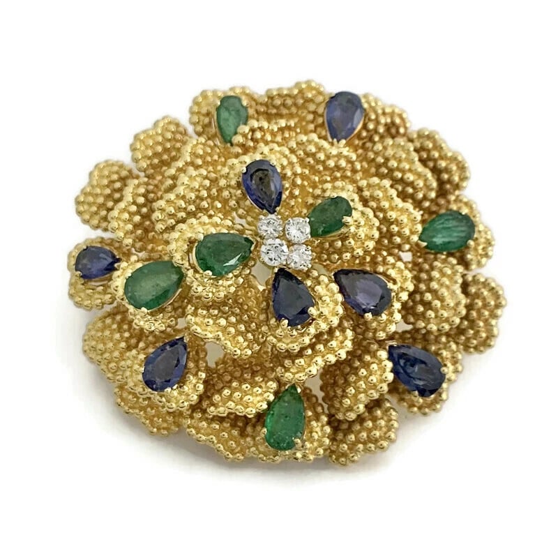 SAPPHIRE EMERALD DIAMOND FLOWER BROOCH: Sapphire Emerald Diamond Flower Brooch Brand: Unbranded Type: Brooch Material: 18K yellow gold, Main Stone/Creation Natural Color: Gold Size: Measurements: 1.87 inches x 2.12 inches Accessories: