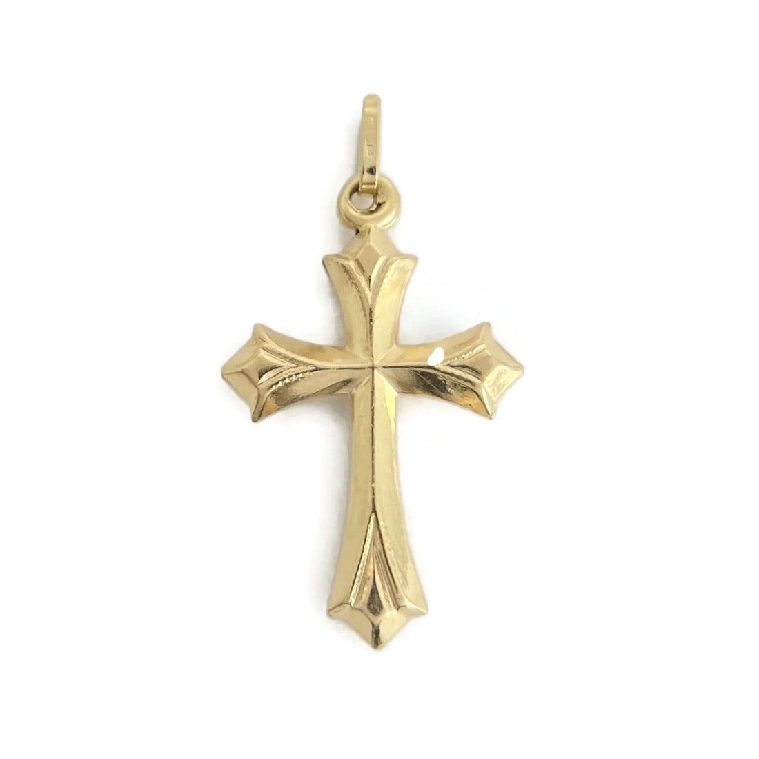 FLARED CROSS RELIGIOUS PENDANT CHARM 18K YELLOW GOLD: Flared Cross Religious Pendant Charm 18K Yellow Gold Brand: Unbranded Type: Pendant Material: 18K yellow gold, Color: Gold Size: Measurements: 1.3 inches (with bale) x 18 mm Accessories: None
