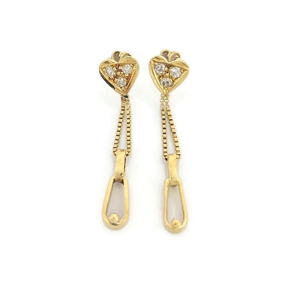 ESTATE DIAMOND HEART BOX CHAIN DANGLE DROP EARRINGS: Estate Diamond Heart Box Chain Dangle Drop Earrings Brand: Unbranded Type: Earrings Material: 18K yellow gold, Main Stone/Creation Natural Color: Gold Size: Length: 1.3 inches Width: 7.5 mm Acces