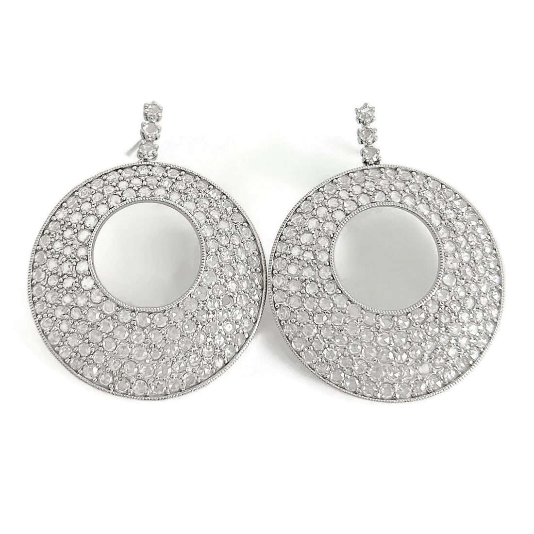 PAVE ROSE CUT DIAMOND CIRCLE DANGLE DROP EARRINGS: Pave Rose Cut Diamond Circle Dangle Drop Earrings Brand: Unbranded Type: Earrings Material: 18K white gold, Main Stone/Creation Natural Color: Silver Size: Length: 1.75 inches Width: 1.3 inches A