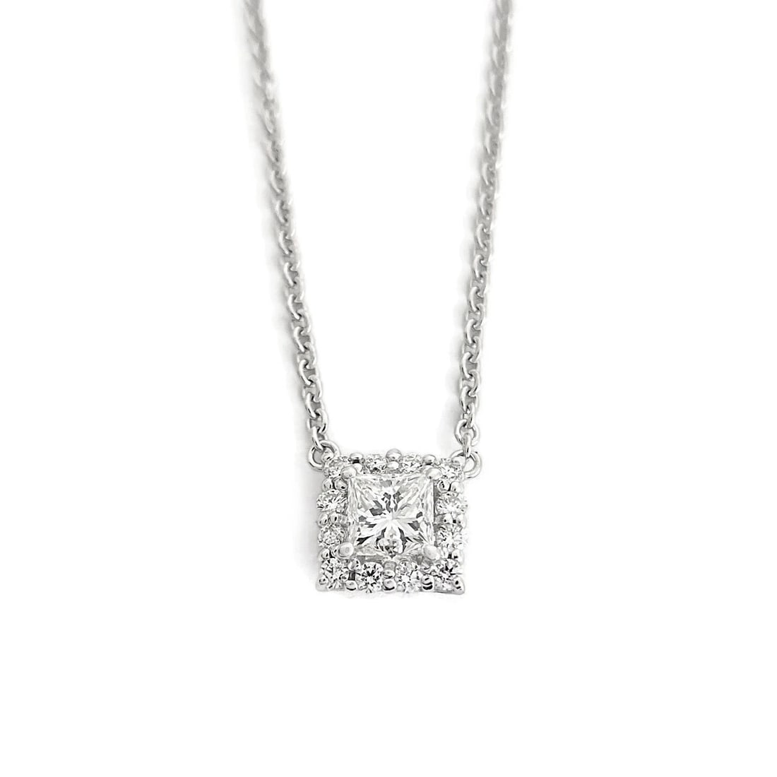 PRINCESS DIAMOND SQUARE HALO PENDANT NECKLACE: Princess Diamond Square Halo Pendant Necklace Brand: Unbranded Type: Necklace Material: 14K white gold, Main Stone/Creation Natural Color: Silver Size: Length: 18 inches Pendant: 8.4 mm x 8.5