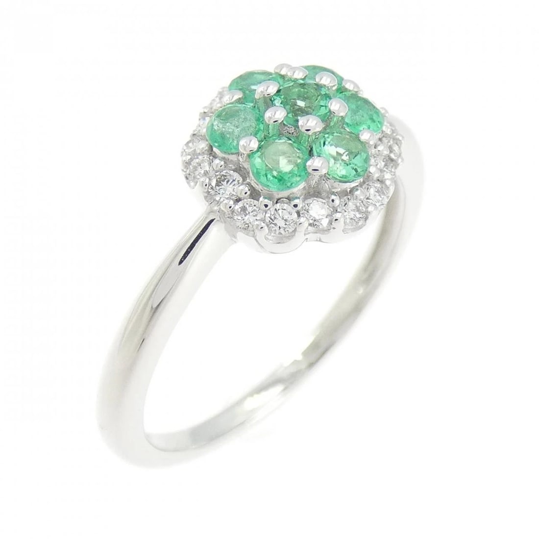 K18WG FLOWER EMERALD RING: K18WG Flower Emerald Ring Brand: Unbranded Type: Emerald ring Material: K18 white gold, Main Stone/Creation Emerald Color: white gold Size: US 8.75 Accessories: None Accessories Notice: When