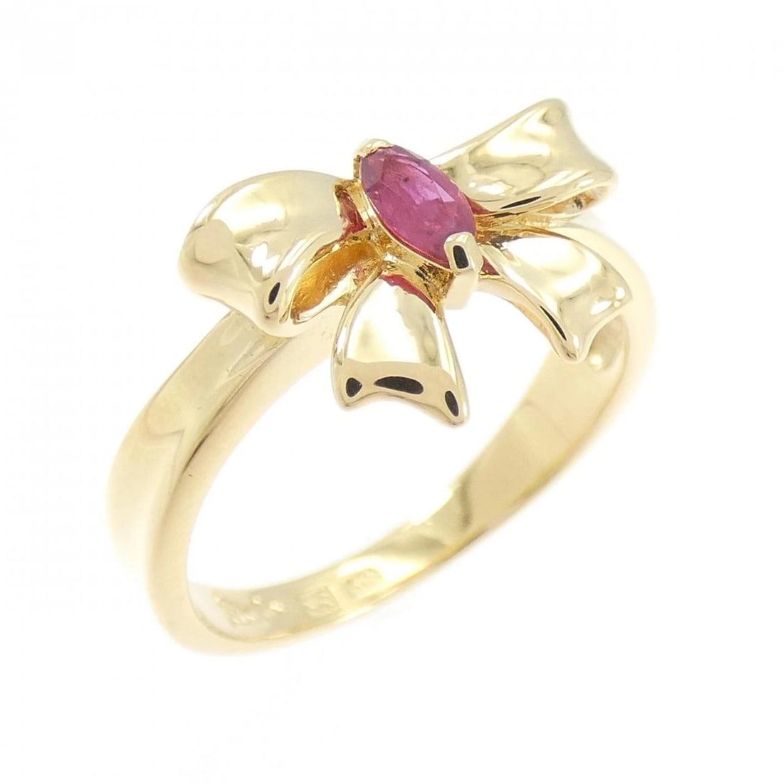 K18YG RIBBON RUBY RING: K18YG Ribbon Ruby Ring Brand: Unbranded Type: Ruby Ring Material: K18 yellow gold, Main Stone/Creation Ruby Color: yellow gold Size: US 6 Accessories: None Accessories Notice: When purchasing