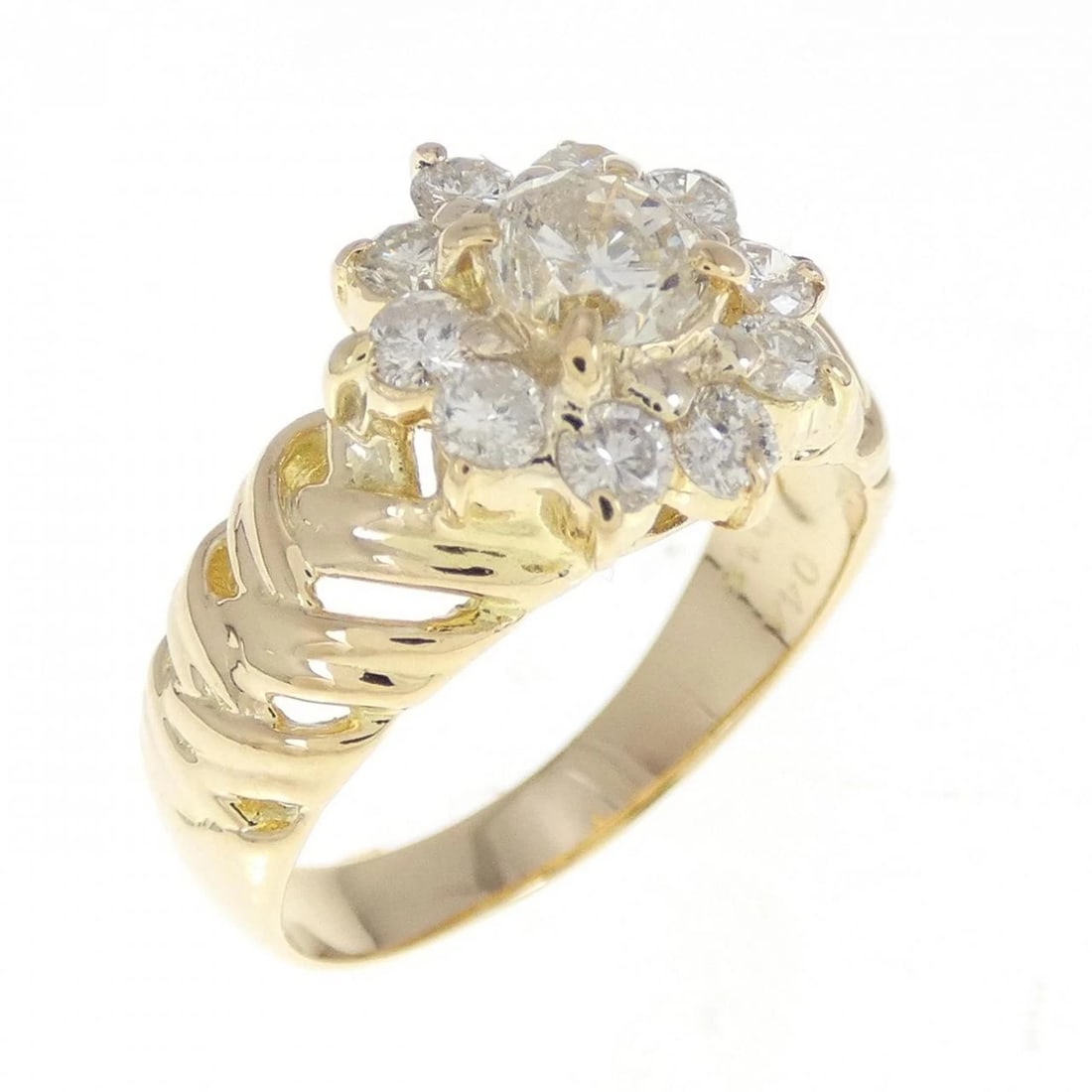 K18YG FLOWER DIAMOND RING: K18YG Flower Diamond Ring Brand: Unbranded Type: Diamond Ring Material: K18 yellow gold, Color: yellow gold Size: US 5 3/4 Accessories: None Accessories Notice: When purchasing pre-owned