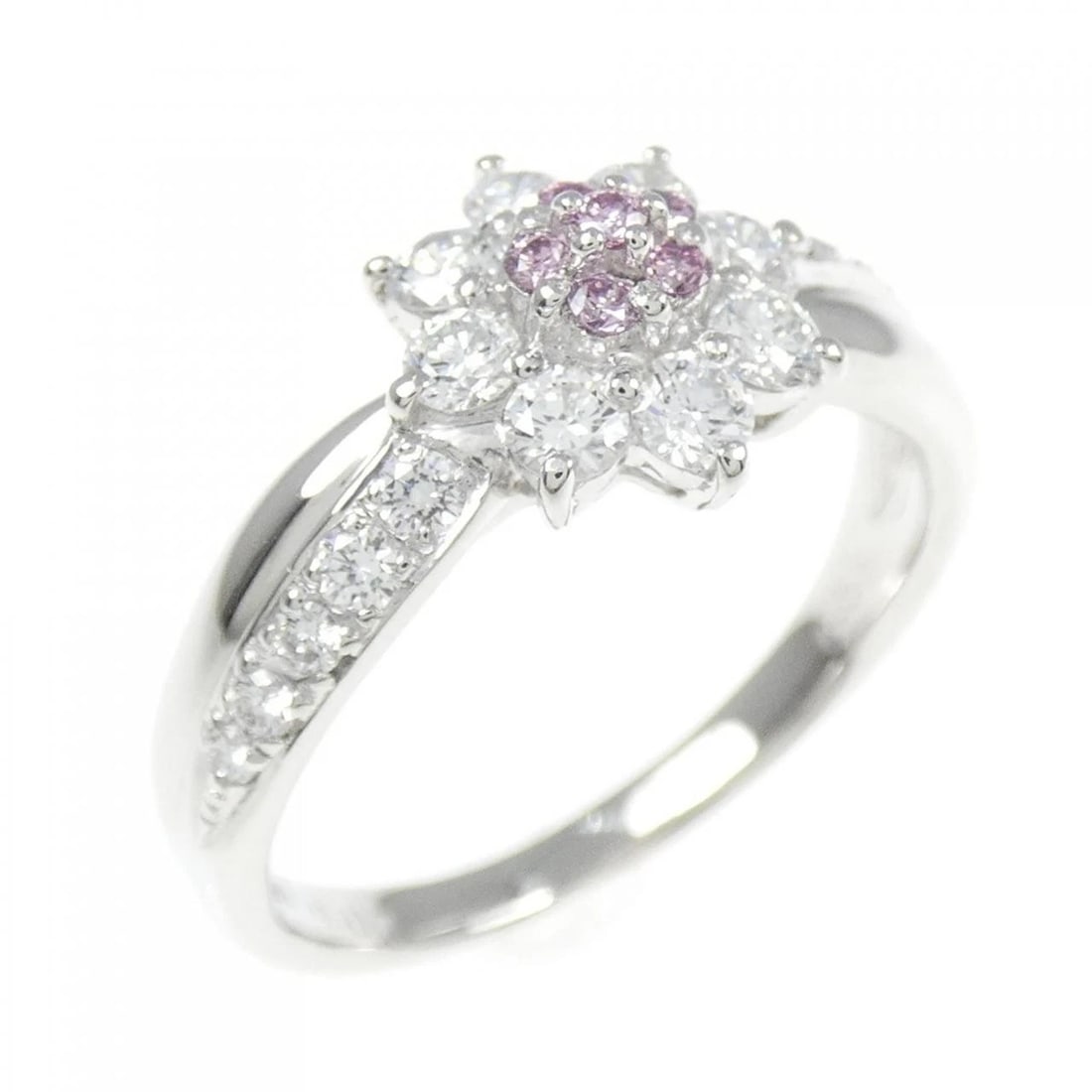 PT900 FLOWER PINK DIAMOND RING: PT900 Flower Pink Diamond Ring Brand: Unbranded Type: Pink Diamond Ring Material: Platinum900, Color: Platinum Size: US 7 1/4 Accessories: None Accessories Notice: When purchasing pre-owne
