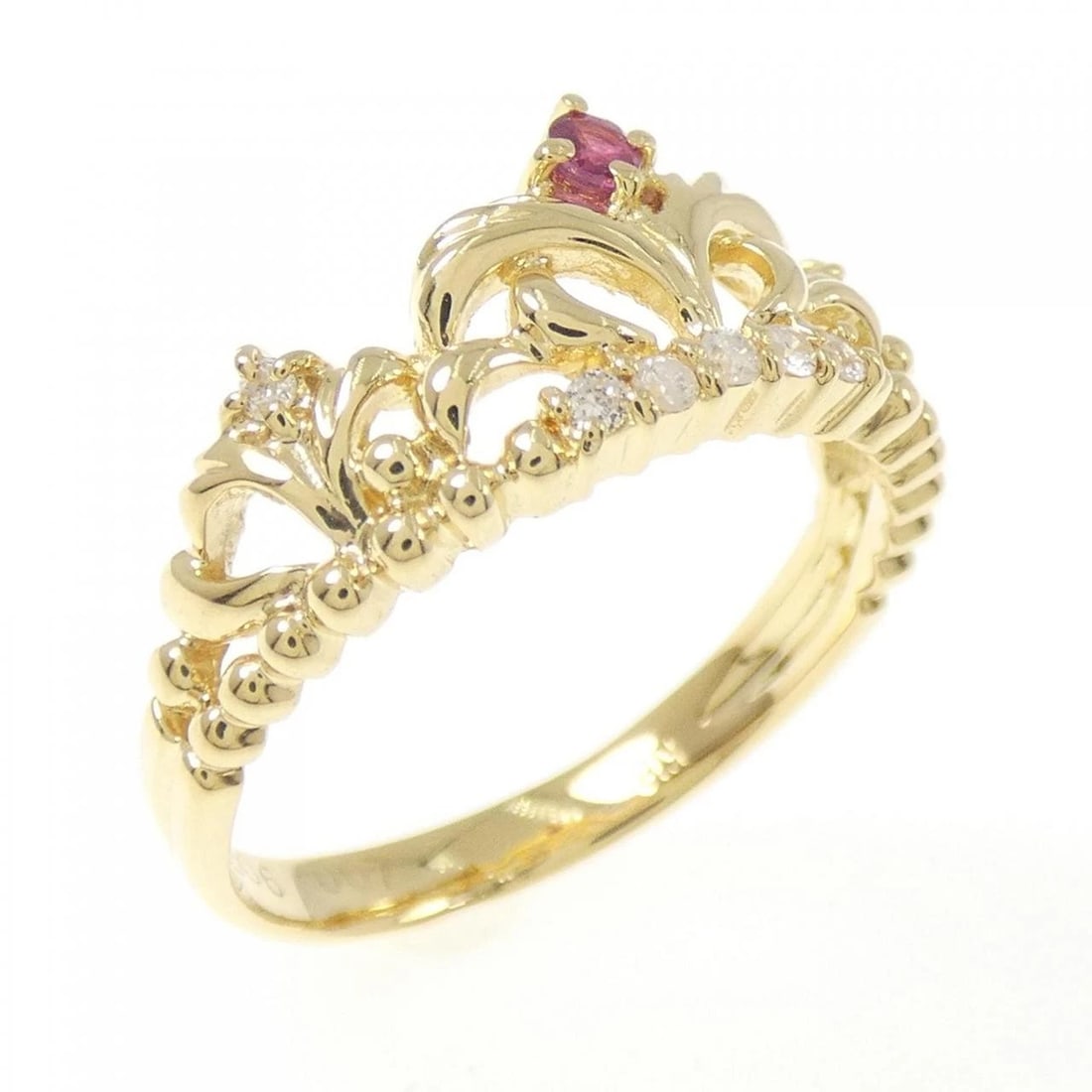 K18YG TIARA RUBY RING: K18YG Tiara Ruby Ring Brand: Unbranded Type: Ruby ring Material: K18 yellow gold, Main Stone/Creation Ruby Secondary stone Naturaal Color: Yellow Gold Size: US 5 3/4 Accessories: None