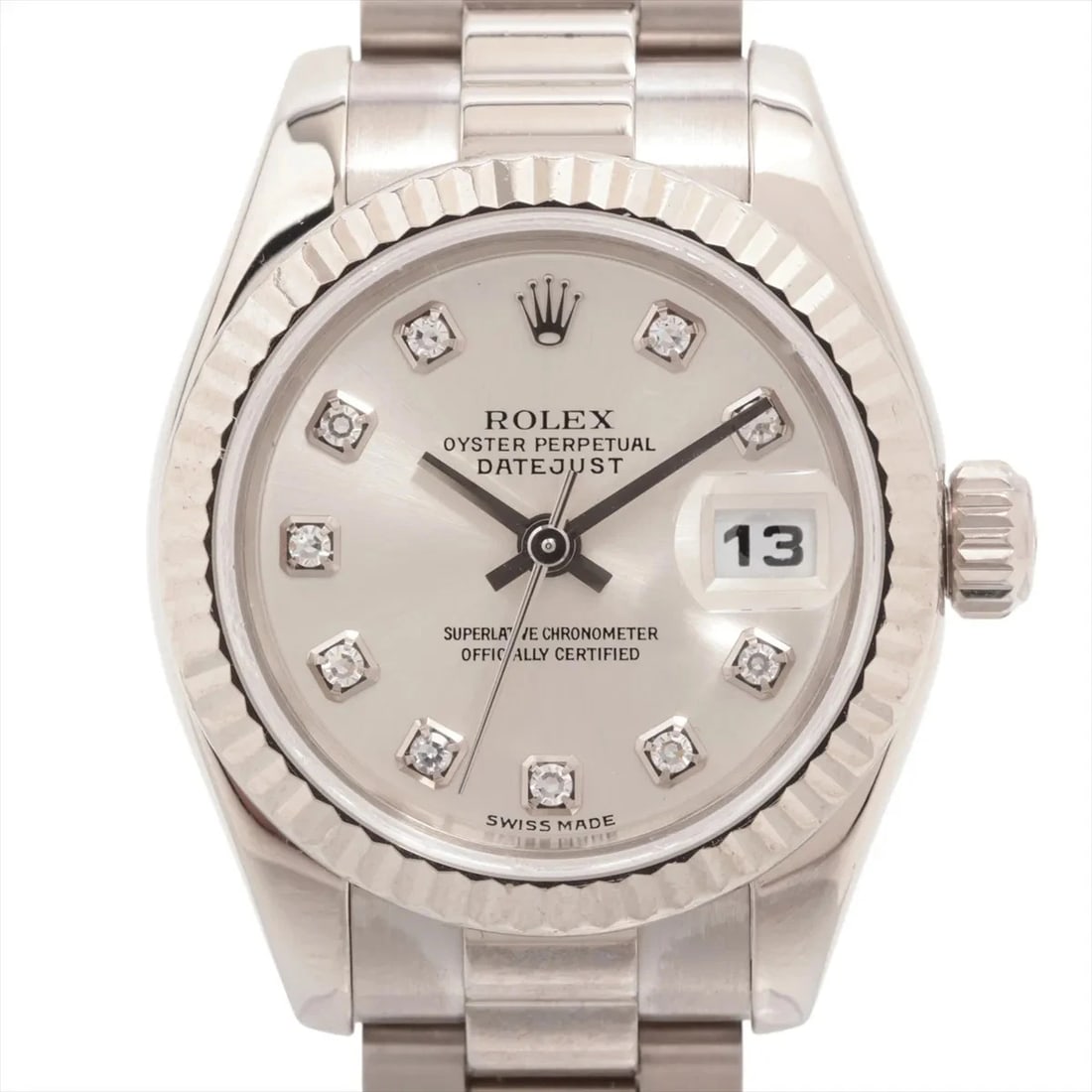 ROLEX DATEJUST WG SILVER: Rolex Datejust WG SilveR Brand: Rolex Type: Wristwatch Material: WG Color: Dial Color Silver Size: Case:W0.8 x H0.8inch / W26 x H26 Circumference of Wrist:5.7inch / 14.5 Accessories: None