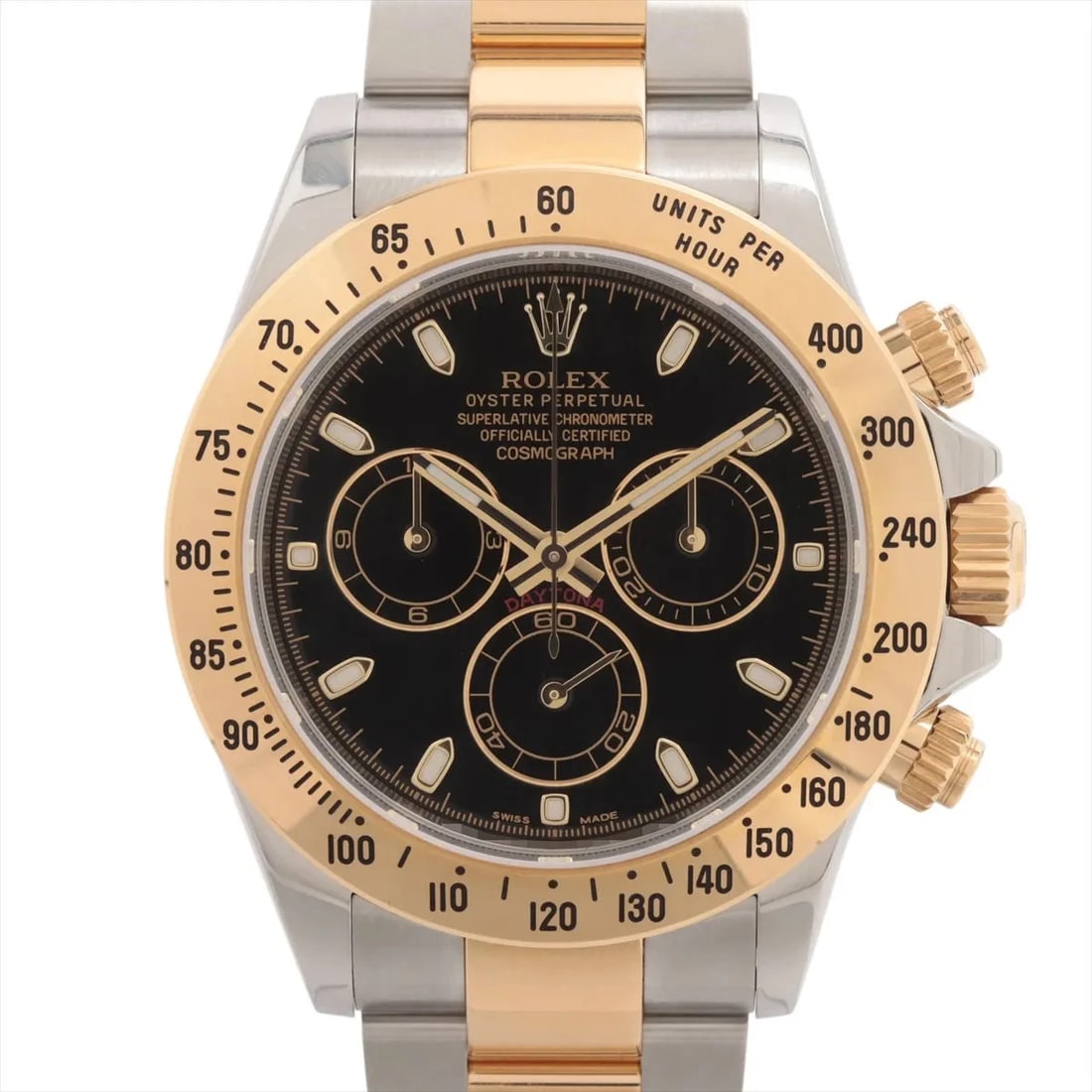 ROLEX COSMOGRAPH SS×YG BLACK: Rolex Cosmograph SS×YG black Brand: Rolex Type: Wristwatch Material: SS×YG Color: Dial Color Black Size: Case:W1.6 x H1.6inch / W40 x H40 Circumference of Wrist:7.5inch / 19 Accessories: None
