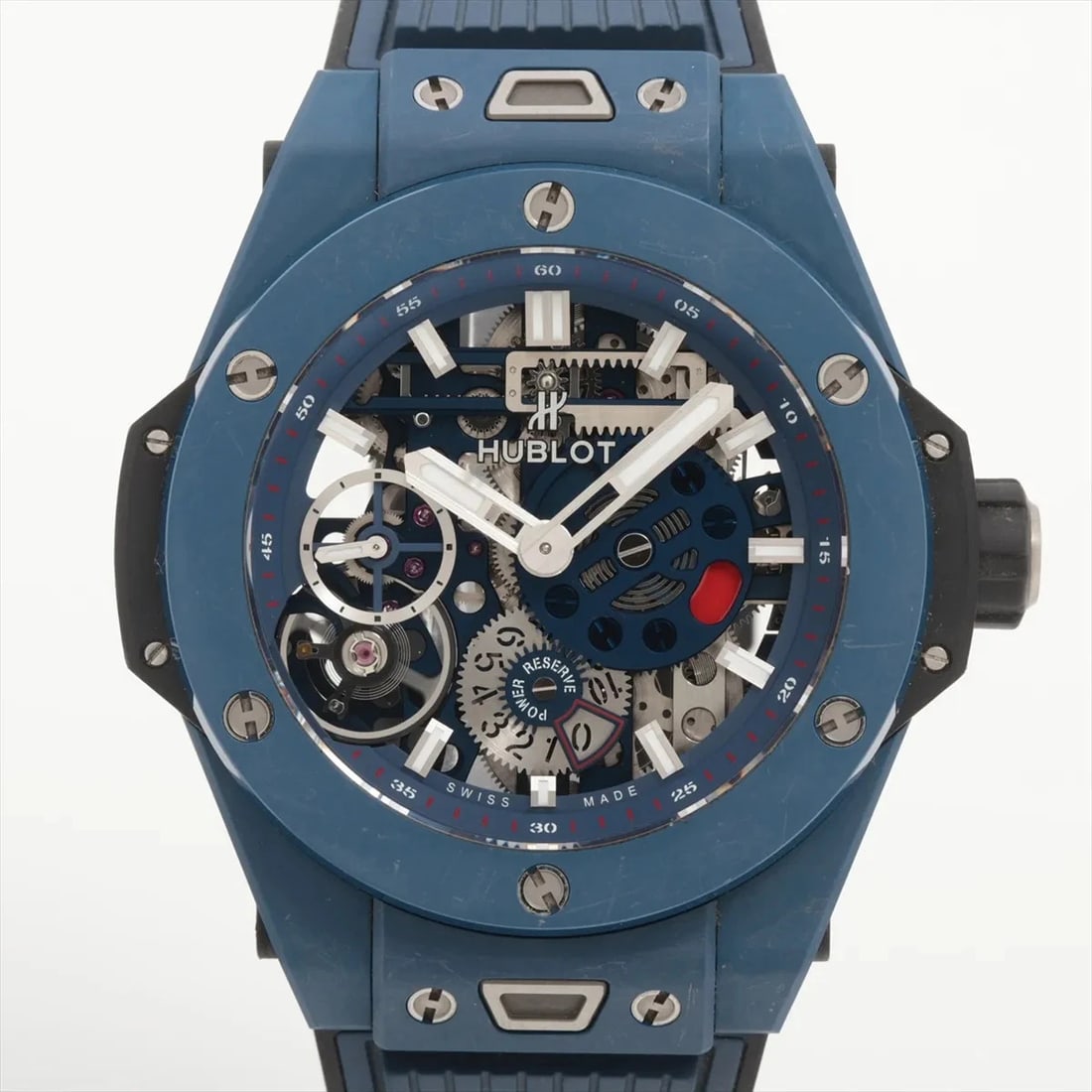 HUBLOT BIG BANG CERAMIC BLUE CE×TI RUBBER SKELETON: Hublot Big bang Ceramic Blue CE×TI rubber Skeleton Brand: Hublot Type: Wristwatch Material: CE x TI x rubber Color: Dial Color Skeleton Size: Case:W1.6 x H1.6inch / W44 x H44 Circumference of