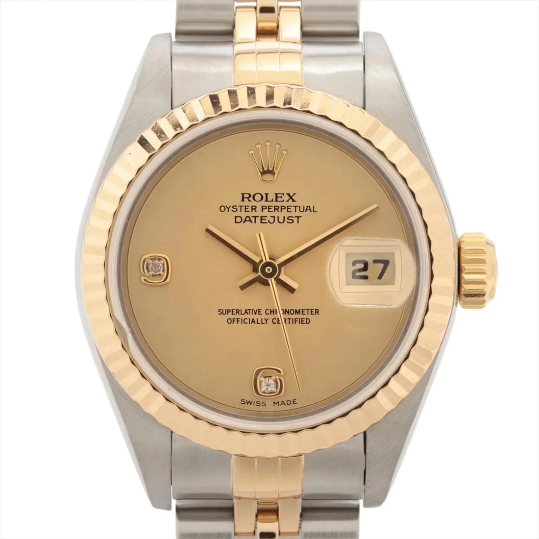 ROLEX DATEJUST SS×YG CHAMPAGNE: Rolex Datejust SS×YG Champagne Brand: Rolex Type: Wristwatch Material: SS×YG Color: Dial Color Champagne Size: Case:W0.8 x H0.8inch / W26 x H26 Accessories: None Accessories Notice: When p