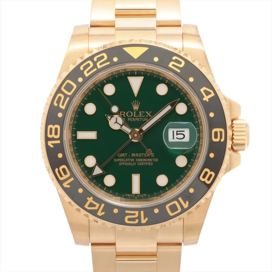 ROLEX GMT MASTER YG GREEN: Rolex GMT Master YG Green Brand: Rolex Type: Wristwatch Material: YG Color: Dial Color Green Size: Case:W1.6 x H1.6inch / W40 x H40 Circumference of Wrist:7.3inch / 18.5 Accessories: None