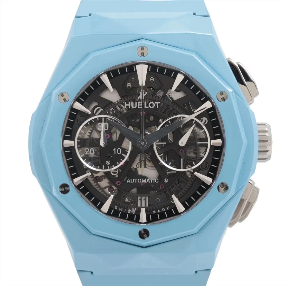 HUBLOT AERO FUSION CHRONOGRAPH SS & RUBBER: Hublot Aero Fusion Chronograph SS & Rubber Brand: Hublot Type: Wristwatch Material: CE × SS × rubber Color: Dial Color Skeleton Size: Case:W1.6 x H1.6inch / W42 x H42 Circumference of Wrist:7.6i