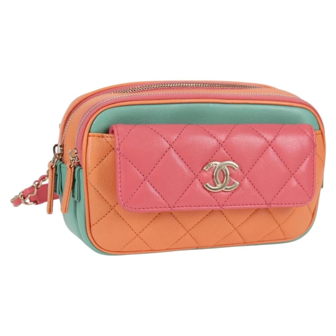 CHANEL MATELASSE CHAIN WAIST BAG LEATHER PINK GOLD: CHANEL Matelasse Chain Waist bag Leather Pink Gold Brand: CHANEL Type: Waist bag Material: Leather Color: Pink/Gold Size: W7.5 x H4.3 x D2.4inch(Approx) Shoulder:32.7 - 36.6inch(Approx) Accessori