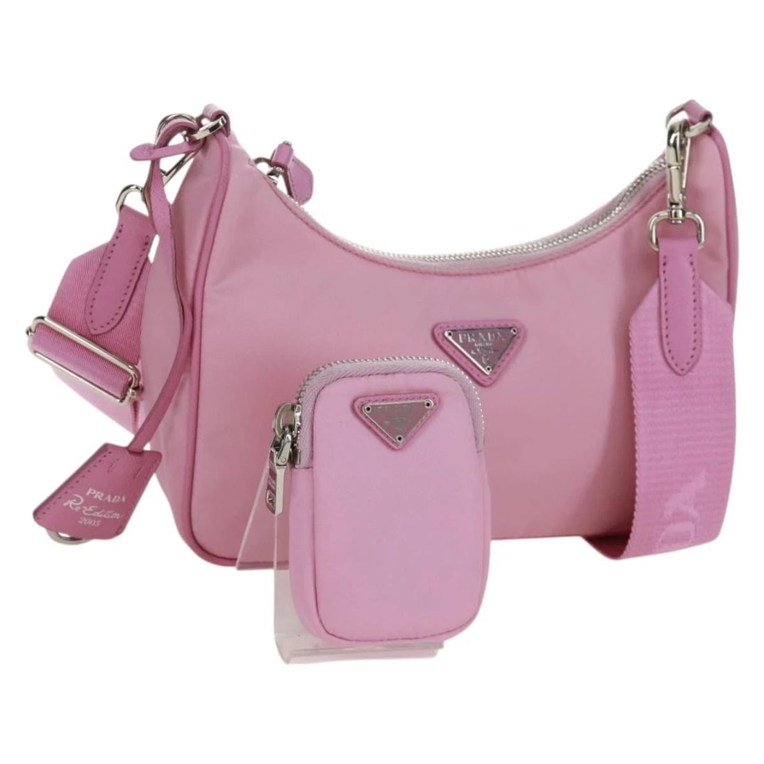 PRADA SHOULDER BAG NYLON PINK SILVER: PRADA Shoulder Bag Nylon Pink Silver Brand: PRADA Type: Shoulder Bag Material: Nylon Color: Pink/Silver Size: W8.7 x H4.7 x D2.4inch(Approx) Shoulder Drop:16.9 - 22.4inch(Approx) Accessories: Non