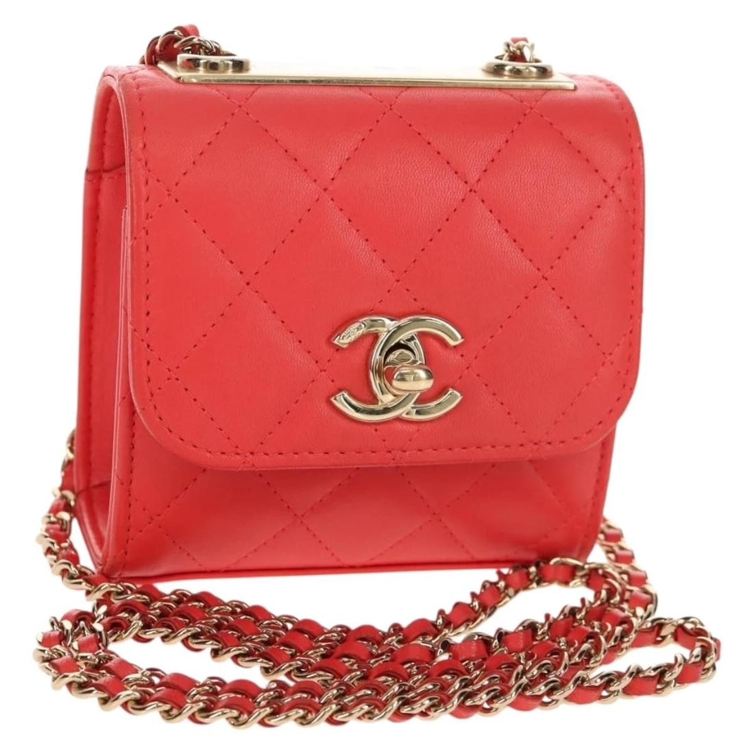 CHANEL MATELASSE CHAIN SHOULDER BAG: CHANEL Matelasse Chain Shoulder Bag Brand: CHANEL Type: Shoulder Bag Material: Leather/Lamb Skin Color: Red/Gold Size: W4.3 x H7.1 x D2.0inch(Approx) Shoulder Drop:23.6inch(Approx) Accessories: N