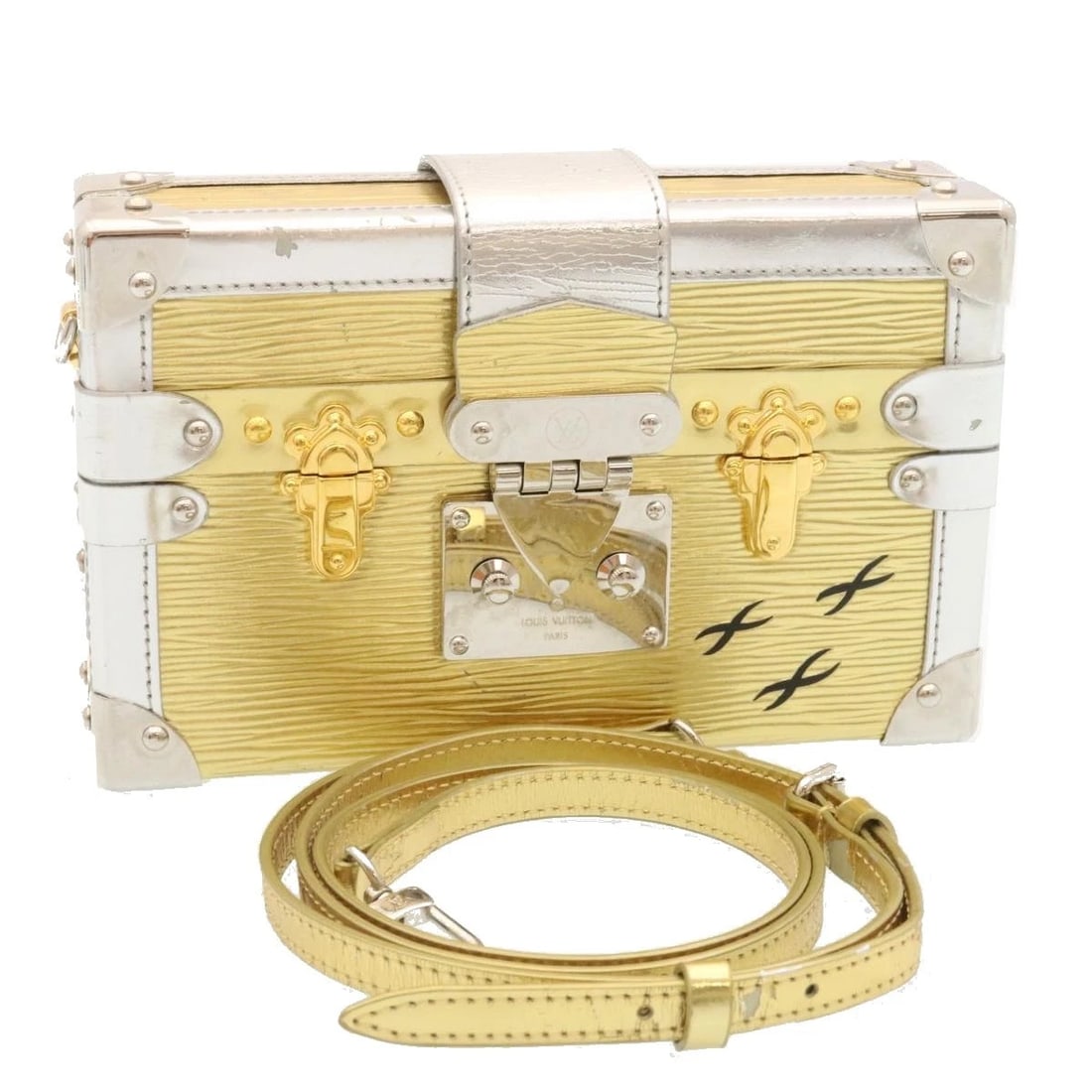 LOUIS VUITTON EPI PETITE MAR SHOULDER BAG: LOUIS VUITTON Epi Petite Mar Shoulder Bag Brand: LOUIS VUITTON Type: Shoulder Bag Material: Epi Leather Color: Silver/Gold Size: W4.7 x H7.3 x D2.0inch(Approx) Shoulder:36.6 - 41.3inch(Approx) Ac