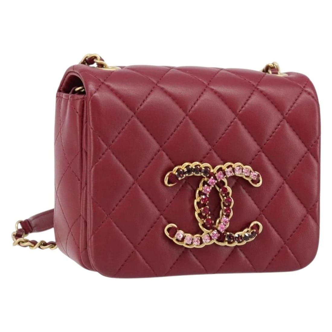 CHANEL CHAIN MATELASSE SHOULDER BAG LAMB: CHANEL Chain Matelasse Shoulder Bag Lamb Brand: CHANEL Type: Shoulder Bag Material: Lamb Skin Color: Red/Gold Size: W5.9 x H3.9 x D2.0inch(Approx) Shoulder Drop:23.6inch(Approx) Accessories: None