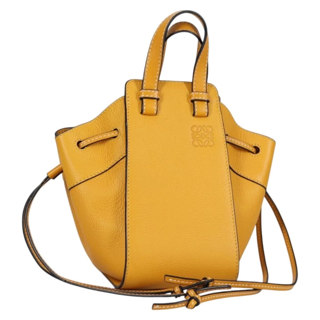 LOEWE COMPACT HAMMOCK HAND BAG LEATHER: LOEWE Compact Hammock Hand Bag Leather Brand: LOEWE Type: Hand Bag Material: Leather Color: Yellow Size: W4.3 x H7.1 x D6.3inch(Approx) Handle Drop:2.4inch(Approx) Accessories: None Access