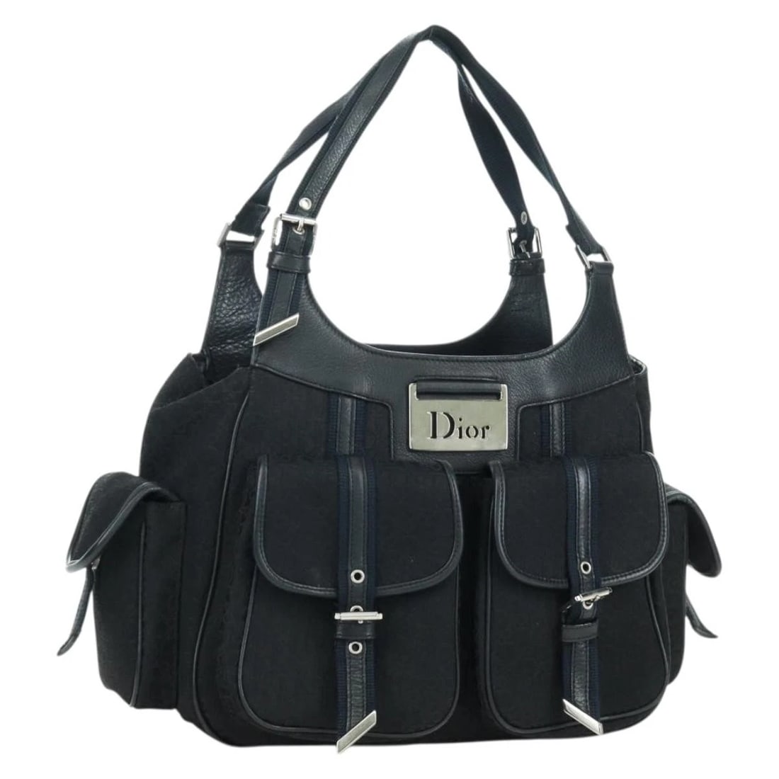 CHRISTIAN DIOR TROTTER CANVAS STREET CHIC HAND BAG: Christian Dior Trotter Canvas Street Chic Hand Bag Brand: Christian Dior Type: Hand Bag Material: Trotter Canvas Color: Black/Silver Size: W11.8 x H9.1 x D5.9inch(Approx) Handle Drop:7.5inch(Appro