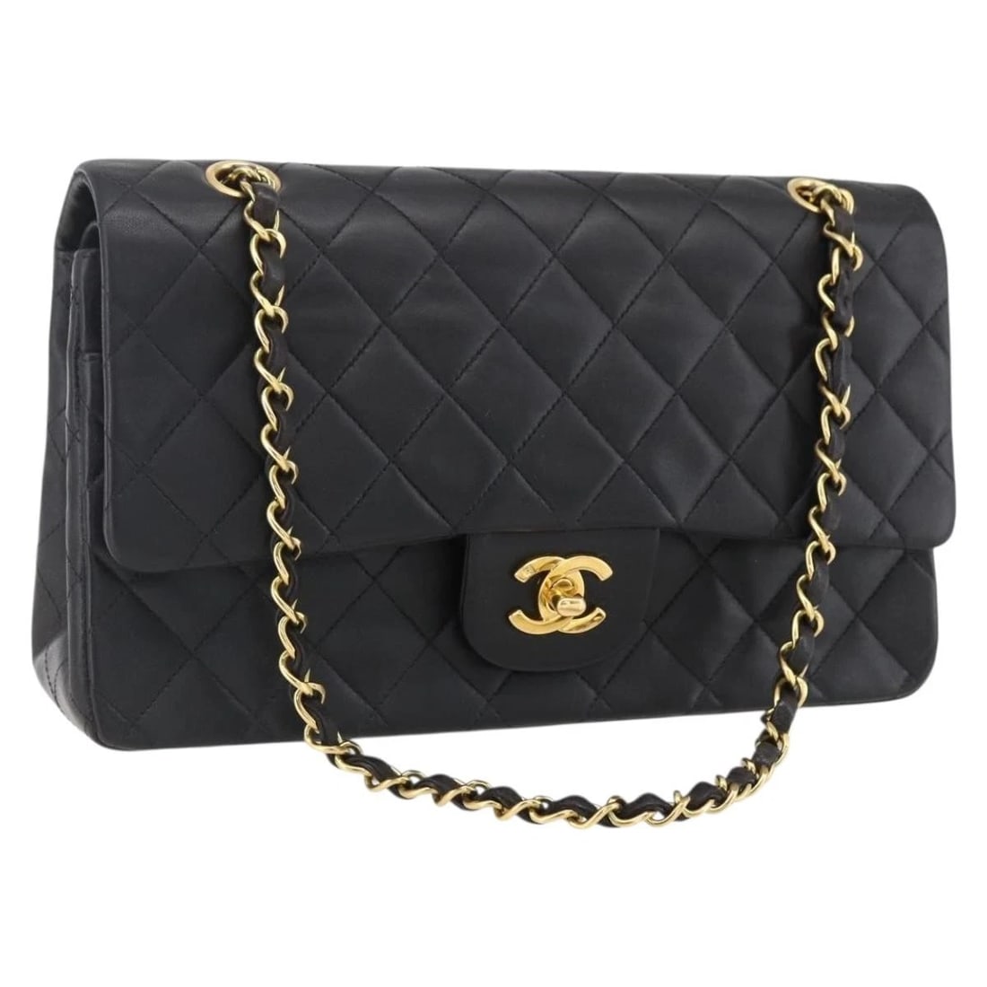 CHANEL MATELASSE 25 DOUBLE FLAP CHAIN BAG LAMB: CHANEL Matelasse 25 Double Flap Chain Bag Lamb Brand: CHANEL Type: Shoulder Bag Material: Leather/Lamb Skin Color: Black/Gold Size: W9.8 x H5.9 x D2.8inch(Approx) Shoulder Drop:9.8 - 17.3inch(Appr