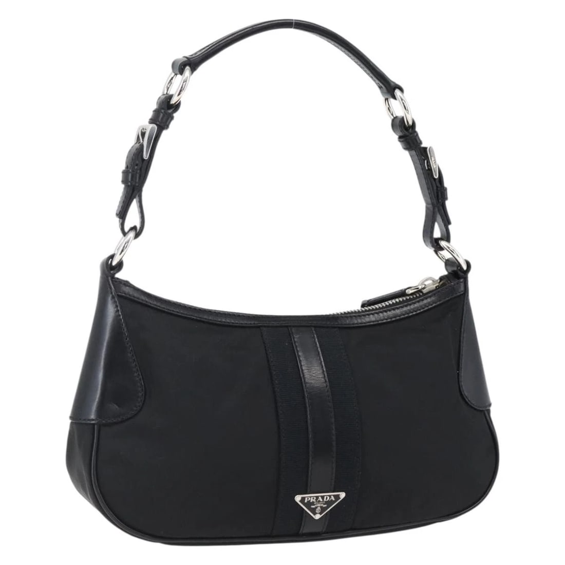 PRADA HAND BAG NYLON LEATHER BLACK SILVER: PRADA Hand Bag Nylon Leather Black Silver Brand: PRADA Type: Hand Bag Material: Nylon Color: Black/Silver Size: W12.2 x H6.7 x D3.1inch(Approx) Handle Drop:7.9inch(Approx) Accessories: None