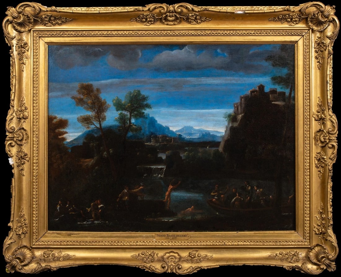 NUDE BATHERS IN THE MOONLIGHT OIL PAINTING ASCRIBED TO SISTO BADALOCCHIO: Year: 17th century Size: 120cm x 90cm Medium: Oil Description: Sisto Badalocchio is credited with creating this magnificent 17th-century Italian Bolognese School Old Master landscape, which features b