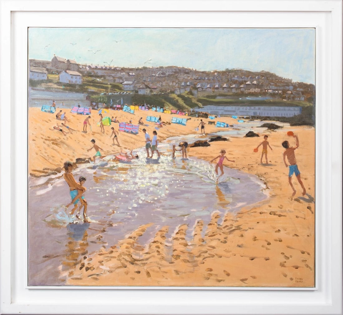 BEACH SCENE WITH CHILDREN OIL PAINTING: Year: 20th century Size: 48" x 44.5" Medium: Oil Description: Andrew Macara's oil painting of a large English summer beach scene with kids from the 20th century. An outstanding illustration of the qua