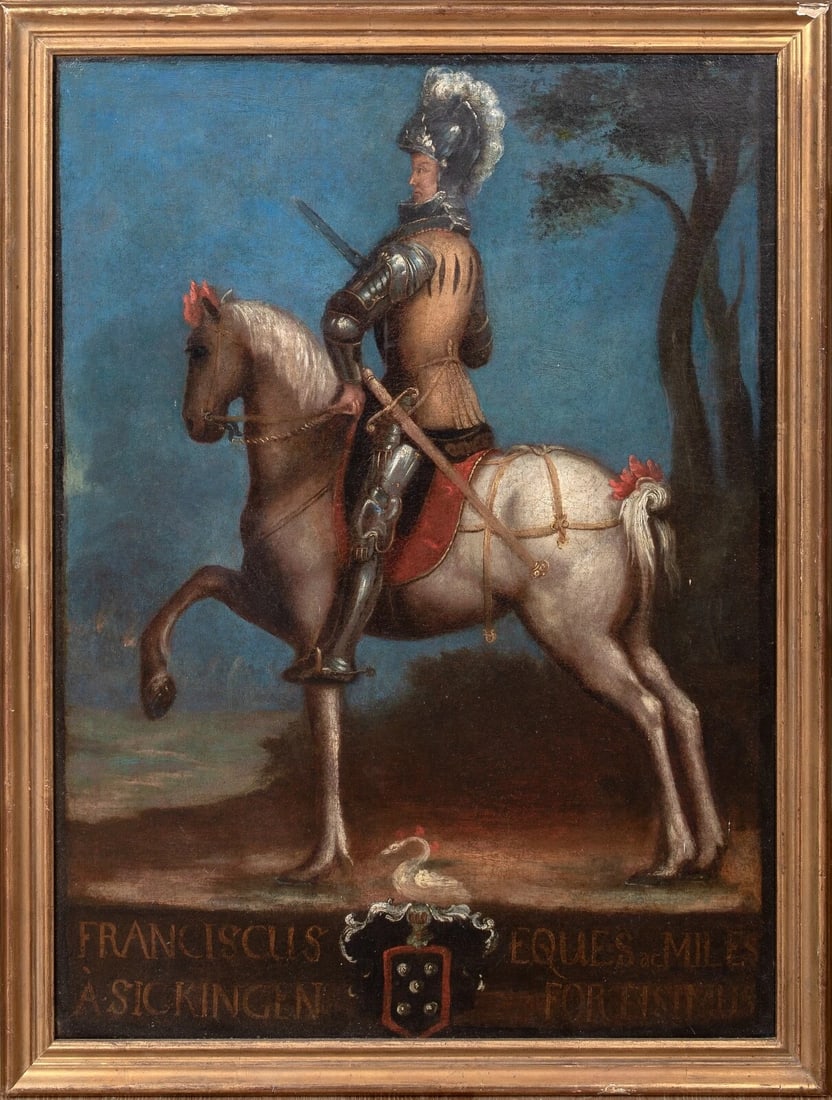 PORTRAIT OF FRANZ VON SICKINGEN OIL PAINTING: Year: 17th century Size: 31" x 25.5" Medium: Oil Description: Large oil on canvas portrait of Franz von Sickingen, Knight of the Holy Roman Empire, in full armor, from the 16th and 17th centuries. A s
