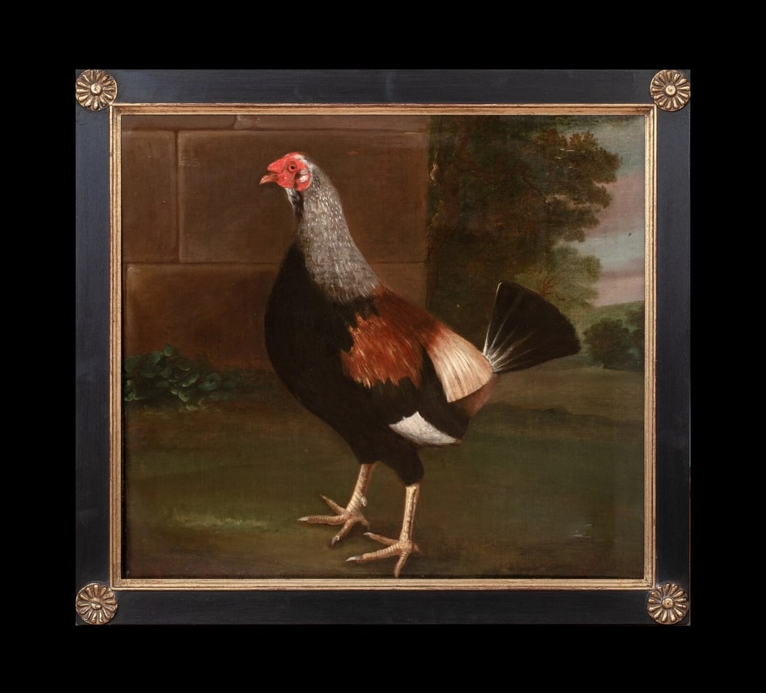 COCKFIGHTING CHAMPION PORTRAIT OF INTREPID OIL PAINTING: Year: 18th century Size: 27" x 24" Medium: Oil Description: This exquisite large-format oil painting from the 18th century depicts a prize cockel in a farmyard. This uncommon and exceptional early coc