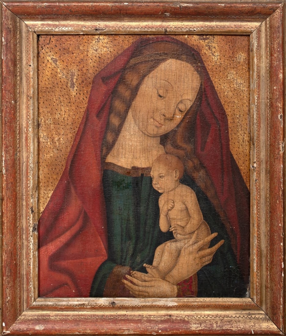 MADONNA & CHILD OIL PAINTING: Year: 16th century Size: 14" x 11.5" Medium: Oil Description: An oil on gold ground panel depicting a devotional picture of the Madonna and Child from early Netherland. An early, little representation