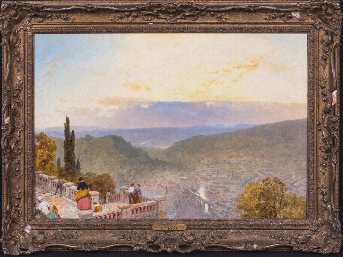 VIEW OF FLORENCE ITALY SAN MINIATO OIL PAINTING: Year: 19th century Size: 75cm x 55cm Medium: Oil Description: Beautiful huge oil painting by James Baker Pyne from the 19th century that shows Florence at sunset from the San Miniato church. A rare ea