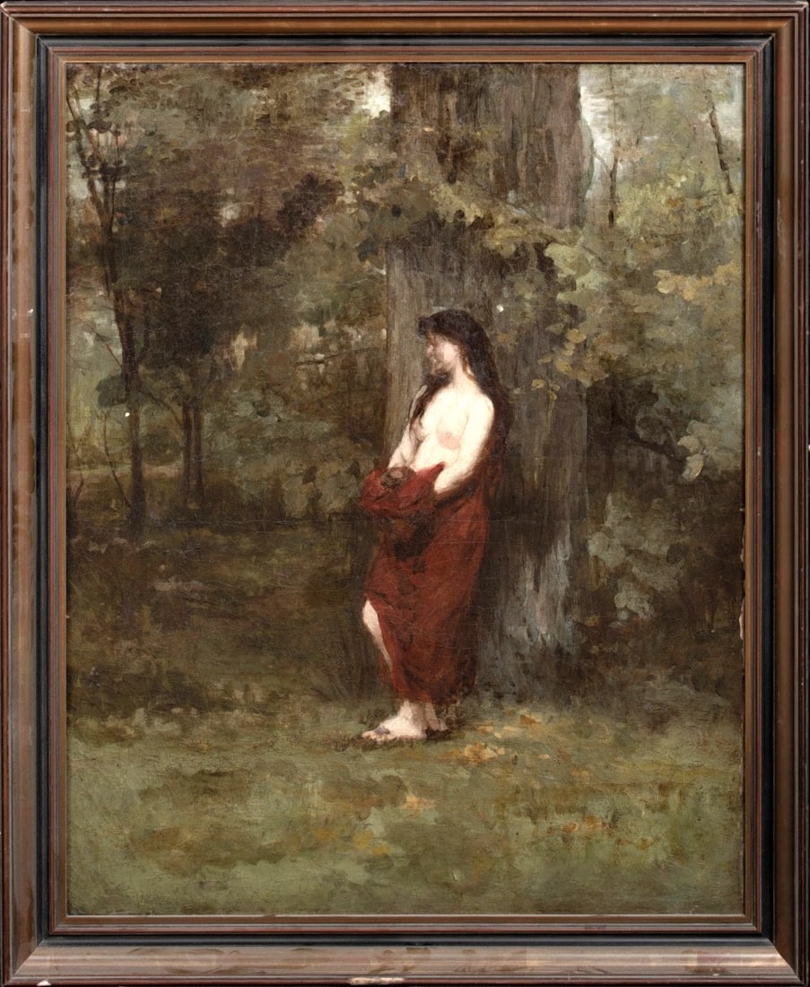NUDE GIRL IN THE FOREST OIL PAINTING ATTRIBUTED TO JEAN-JACQUES HENNER: Year: 19th century Size: 36" x 30" Medium: Oil Description: Jean-Jacques Henner is credited with creating this large 19th-century French Impressionist oil painting of a naked girl in a woodland. A ful