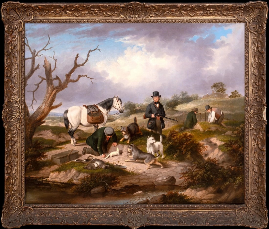 HUNTSMEN AND TERRIERS & FERRETS RABBITING OIL PAINTING: Year: 19th century Size: 85cm x 75cm Medium: Oil Description: George Armfield's oil painting from the 19th century depicts a large English countryside with hunters and their horses and terriers engage