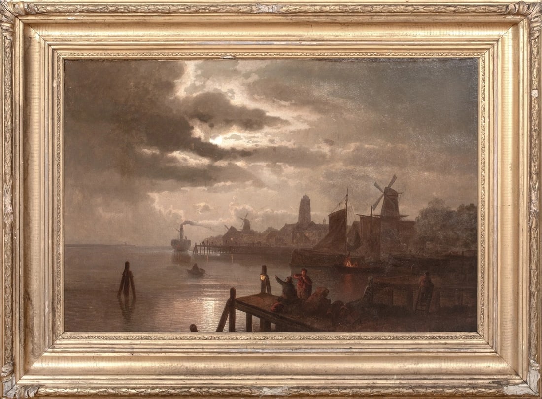 DORDRECHT MOONLIT LANDSCAPE OIL PAINTING: Year: 19th century Size: 49" x 36" Medium: Oil Description: Felix Kreutzer's large oil painting of a moonlit Dordrecht scene from the 19th century. A superb example of the artist's work in excellent c