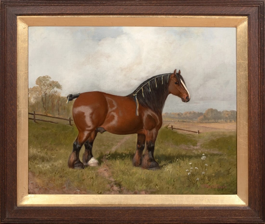 PORTRAIT OF A PRIZE WINNING SHIRE HORSE OIL PAINTING: Year: 19th century Size: 30" x 26" Medium: Oil Description: William Albert Clark painted a large oil portrait of a prize-winning shire horse in the 19th century. The prize horse, which would have been