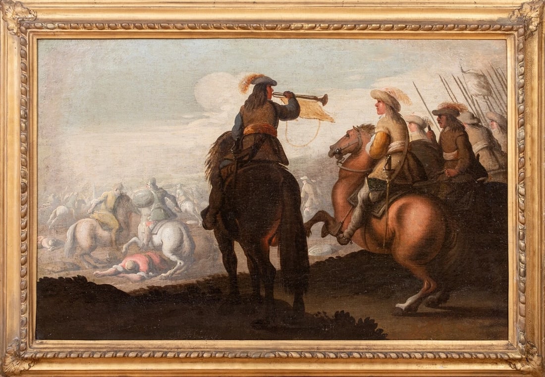THE CAVALRY CHARGE, ANGLO-DUTCH WARS OIL PAINTING ATTRIBUTED TO PALAMEDES PALAMEDESZ: Year: th century Size: 34" x 24" Medium: Oil Description: This large 17th-century oil on canvas depicts a cavalry charge during the Anglo-Dutch Wars and is credited to Palamedes PALAMEDESZ (1607–163