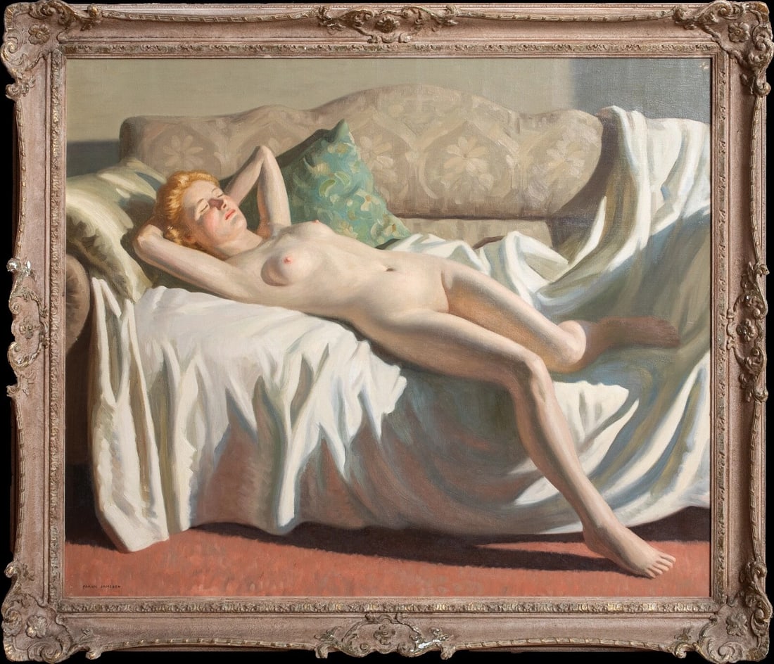 PORTRAIT OF AURELIA OIL PAINTING: Year: 20th century Size: 35" x 30" Medium: Oil Description: Frank Jamison's large oil on canvas portrait of "Aurelia" lounging on a sofa, about 1930. This sunlight nude study of a young woman named "A