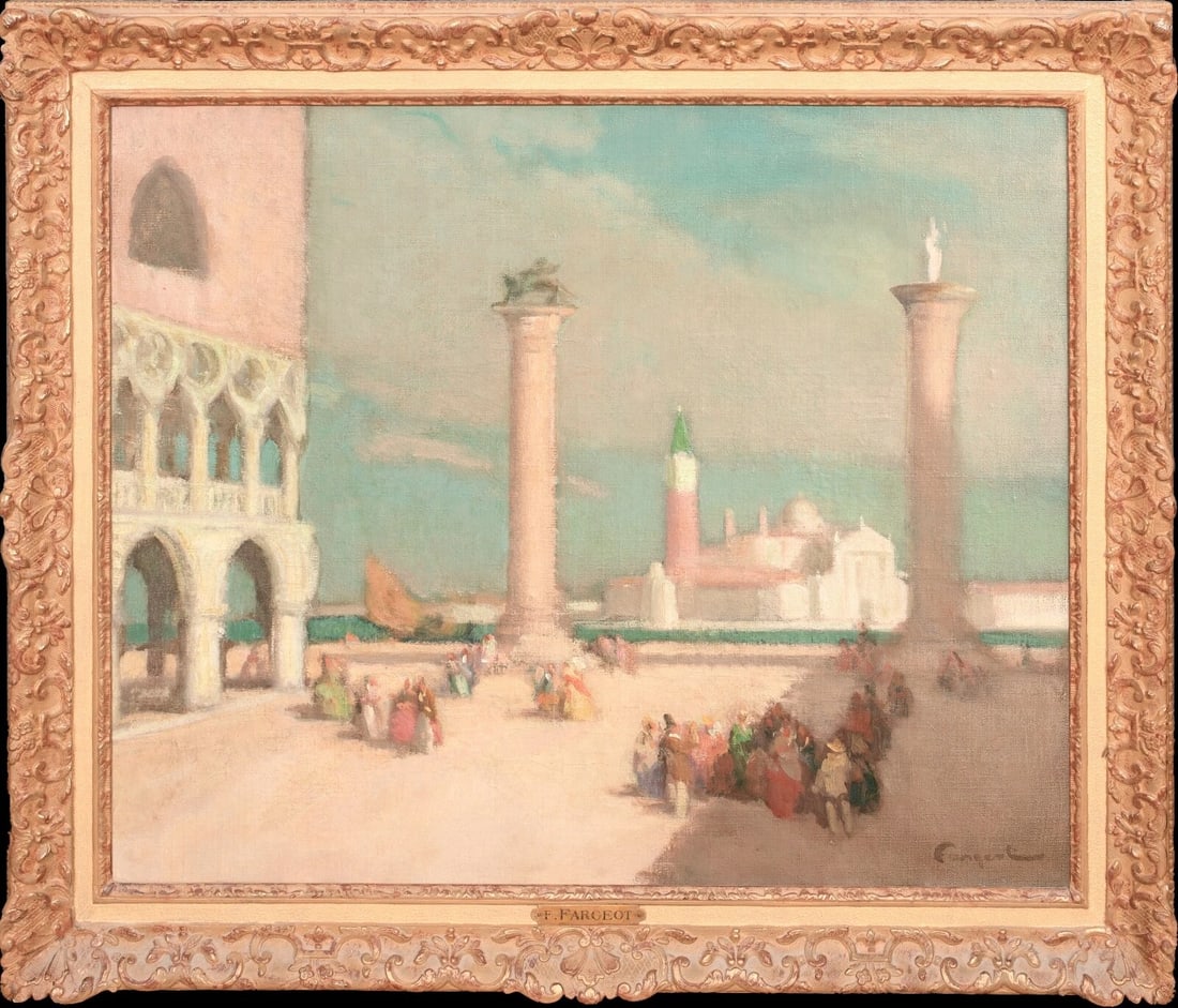 VIEW OF VENICE ST MARK'S SQUARE OIL PAINTING: Year: 20th century Size: 34" x 30" Medium: Oil Description: Ferdinand Fargeot's large view of St. Mark's Square in Venice from the early 20th century. A superb example of French Post Impressionist art