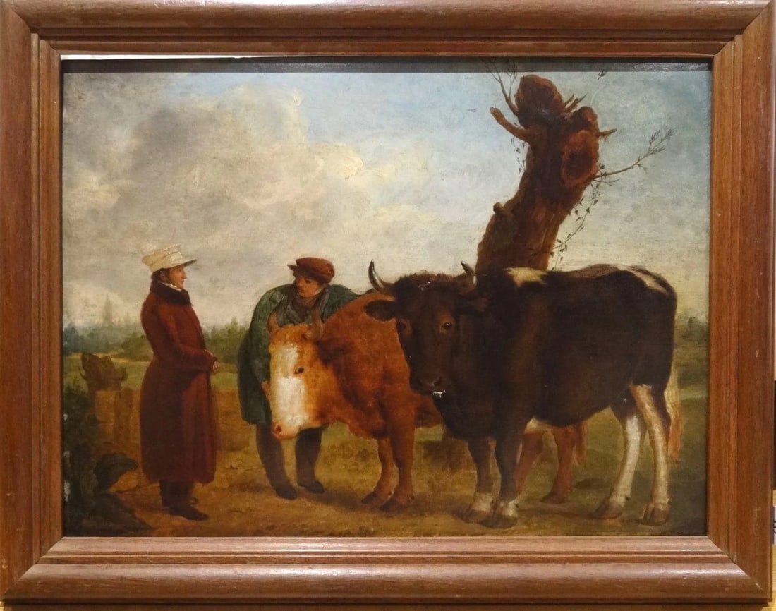 PRIZE BULLS FARMER & OWNER LANDSCAPE OIL PAINTING: Year: 18th century Size: 28" x 22" Medium: Oil Description: Exquisite oil on panel bull scene from the French School of the eighteenth century, featuring the farmer and owner. A scene from a very earl