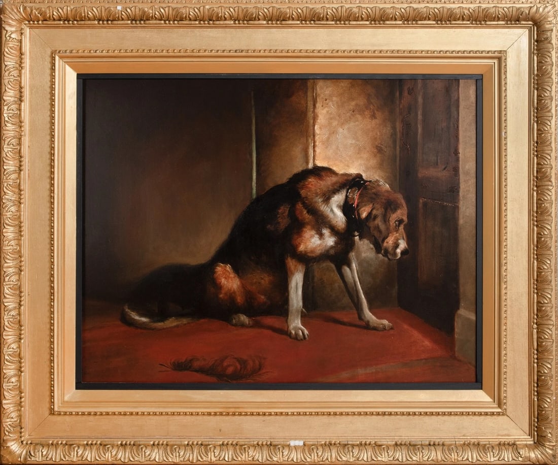 HUNTING HOUND DOG OIL PAINTING: Year: 19th century Size: 49" x 41" Medium: Oil Description: A hunting dog waiting for his master to return is depicted in this large 19th-century English school portrait. oil aboard. A scenario of a b