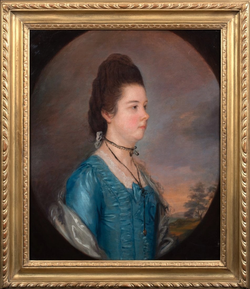 PORTRAIT OF A LADY IN BLUE OIL PAINTING: Year: 18th century Size: 32" x 28" Medium: Oil Description: Sir Joshua Reynolds's group (1723–1792) Large English oil painting from the 18th century that depicts a woman, probably Lady Alston, Gertr