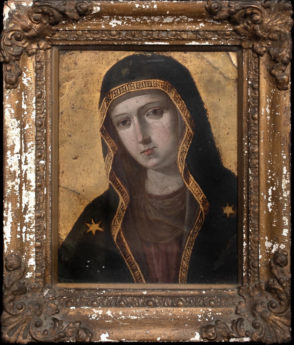 MATER DOLOROSA OIL PAINTING: Year: 17th century Size: 11.5" x 9.5" Medium: Oil Description: The Mater Dolorosa (Mother of Sorrows) is depicted in an oil painting on copper from the Italian School in the 16th and 17th centuries. T