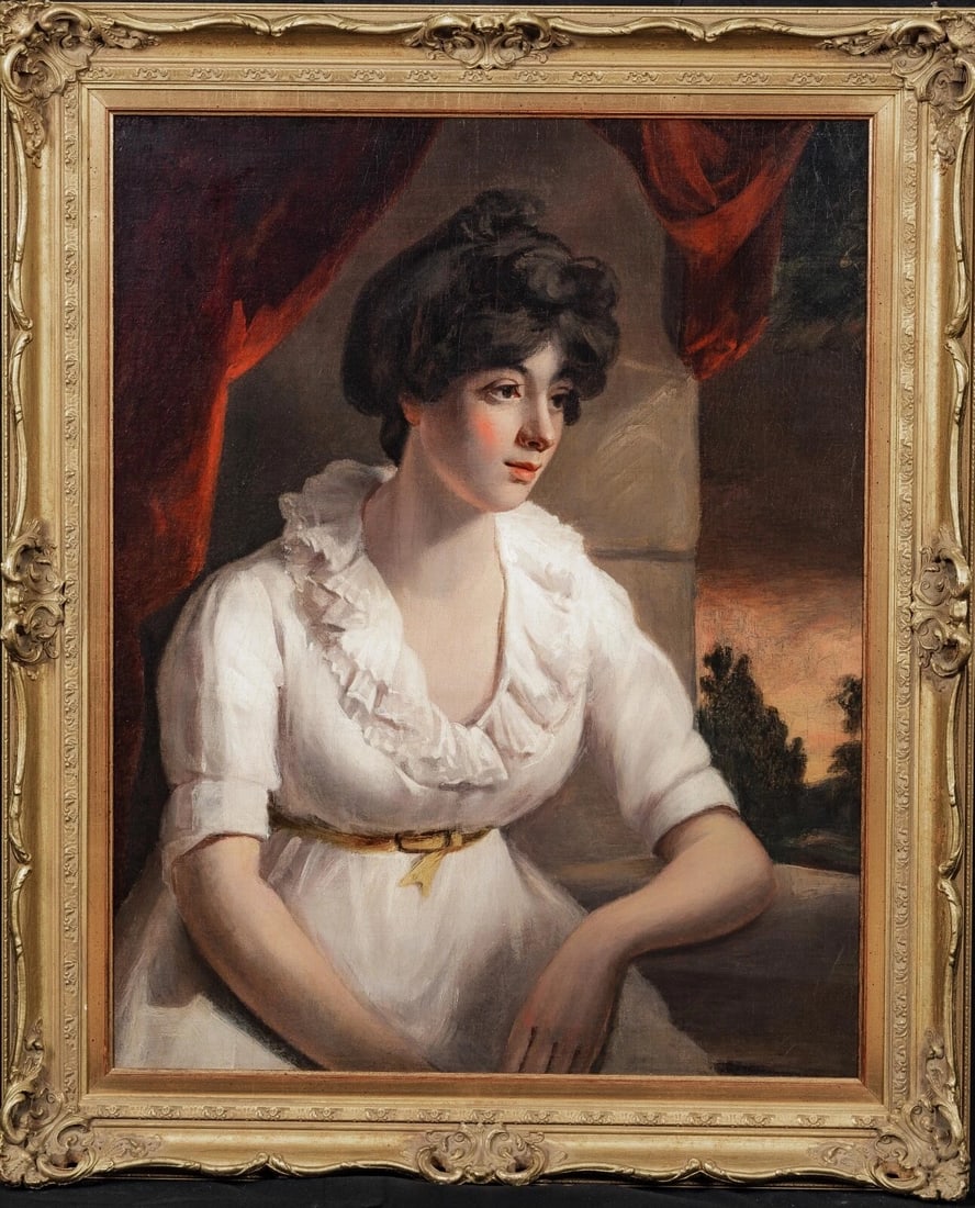 PORTRAIT OF A LADY WEARING A WHITE DRESS OIL PAINTING: Year: 19th century Size: 95cm x 80cm Medium: Oil Description: An exquisite huge oil painting from the English School from the 19th century depicting a lady in a white garment. A large-scale, well-exec
