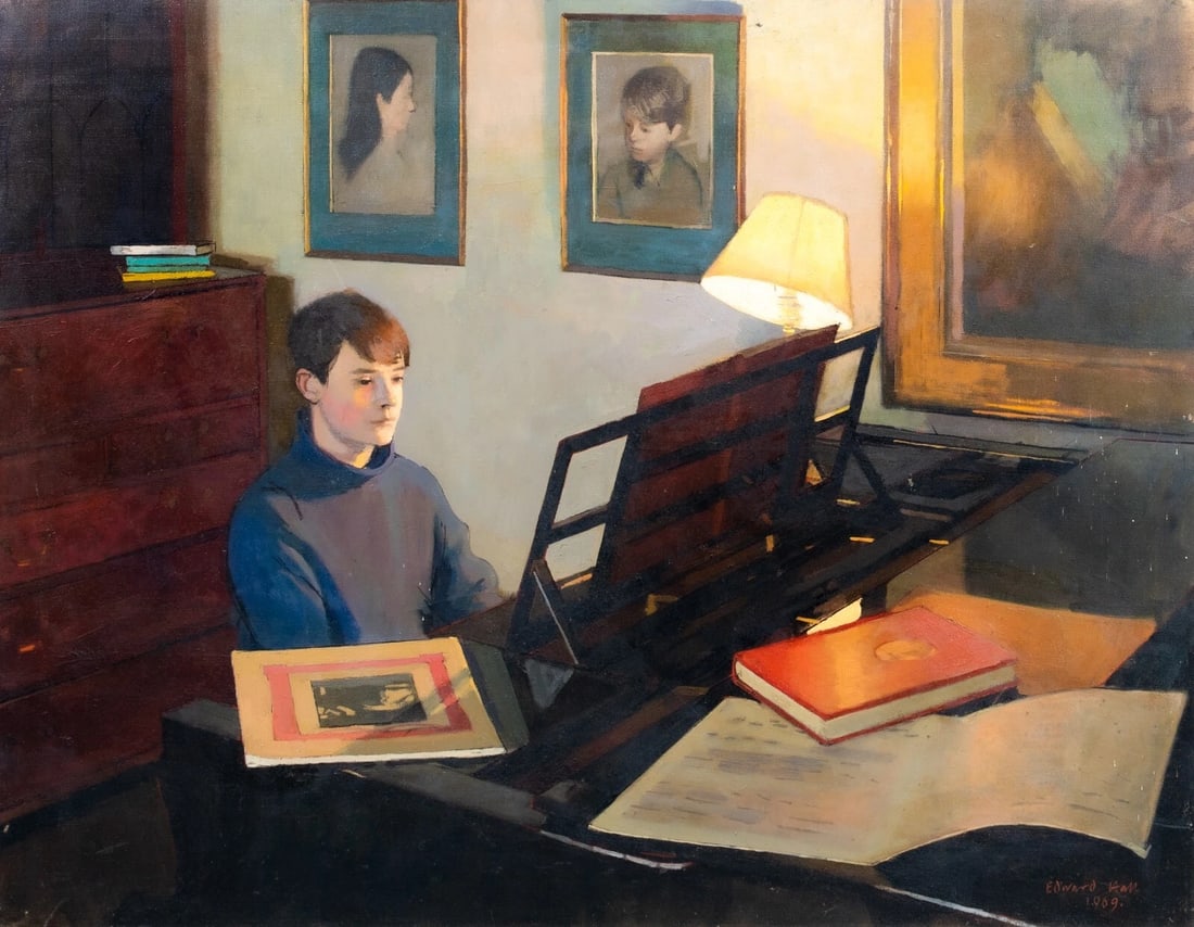 PORTRAIT OF MATTHEW AT THE PIANO OIL PAINTING: Year: 20th century Size: 39" x 31" Medium: Oil Description: Edward Hall painted a large oil picture of Matthew at the piano in the 20th century. An indoor scene with Matthew playing the piano in the e