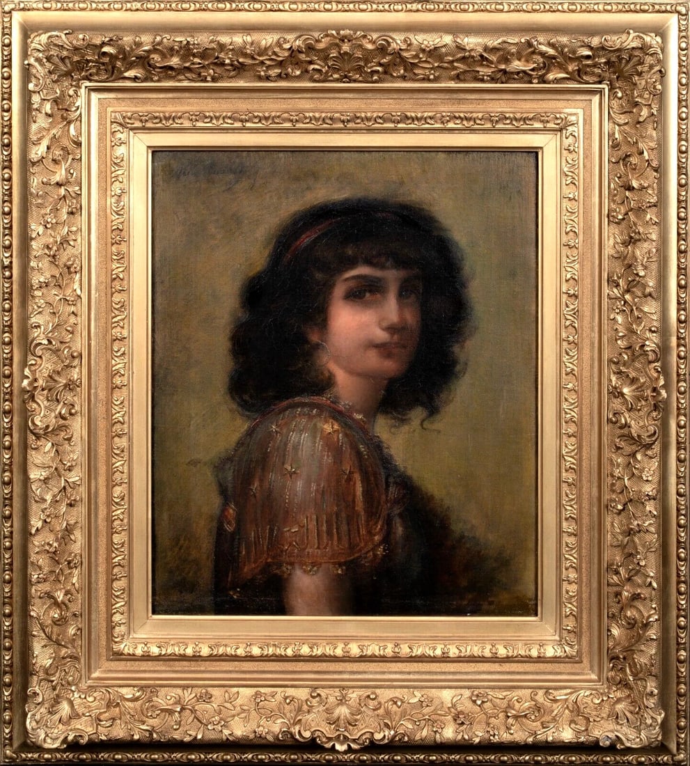 PORTRAIT OF A GIPSY GIRL OIL PAINTING: Year: 19th century Size: 25" x 22" Medium: Oil Description: Exquisite 19th-century French oil on canvas painting by Alix Louise Enault depicting a young gypsy girl, maybe Esmeralda. Outstanding qualit