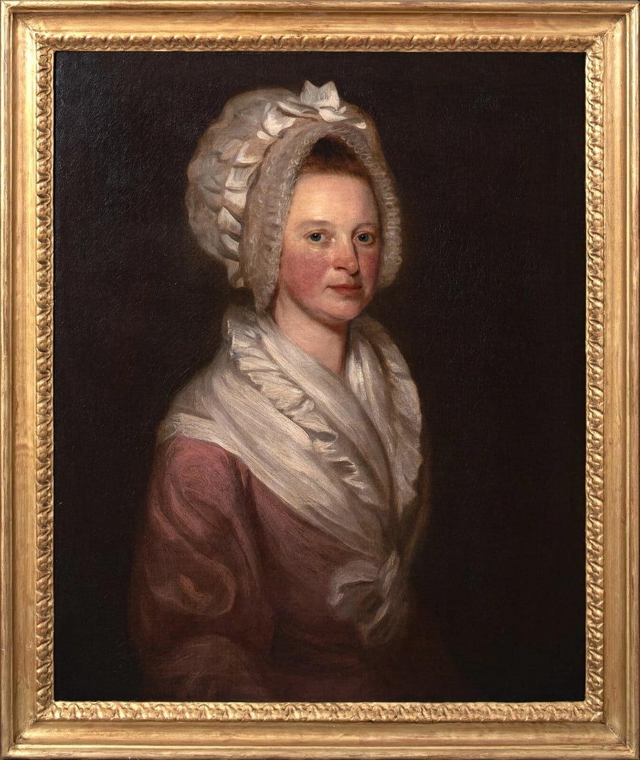 PORTRAIT OF A LADY WEARING A BONNET & SHAWL OIL PAINTING: Year: 18th century Size: 34" x 29" Medium: Oil Description: Large oil on canvas portrait of a woman from Scotland in the 18th century. A woman in modest clothing with a white bonnet is depicted in thi
