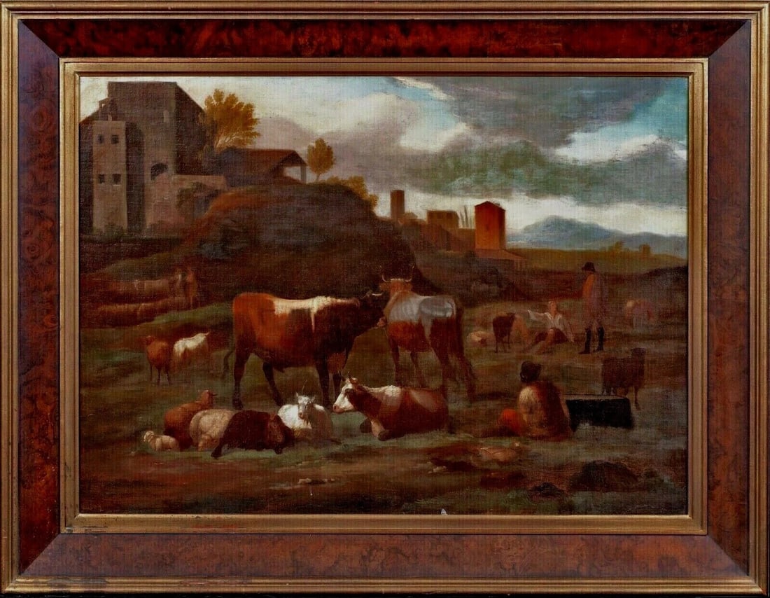 DROVERS & THEIR HERD IN AN ITALIAN LANDSCAPE OIL PAINTING: Year: 17th century Size: 110cm x 90cm Medium: Oil Description:An oil painting on canvas put on panel depicting drovers and their herd from the 17th century. Excellent condition and quality scene remin