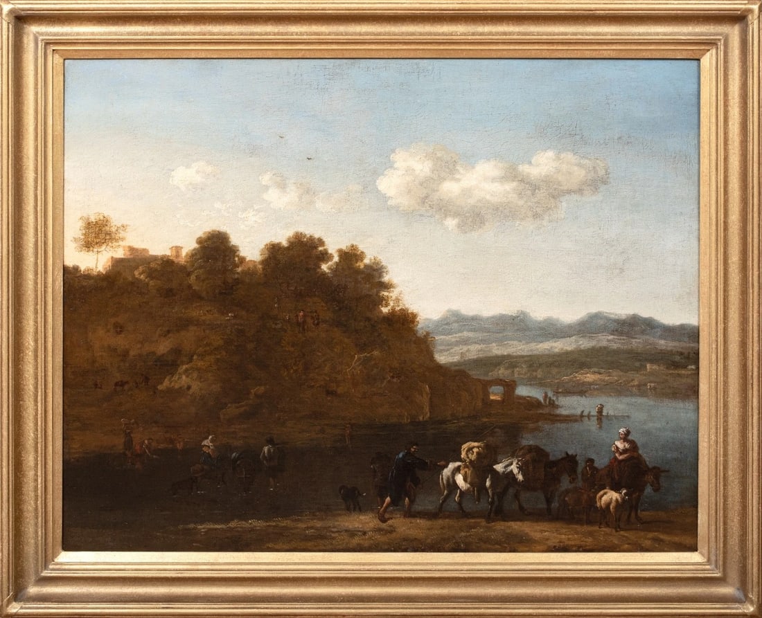DROVER & CATTLE IN A RIVER LANDSCAPE OIL PAINTING (1 of 8)